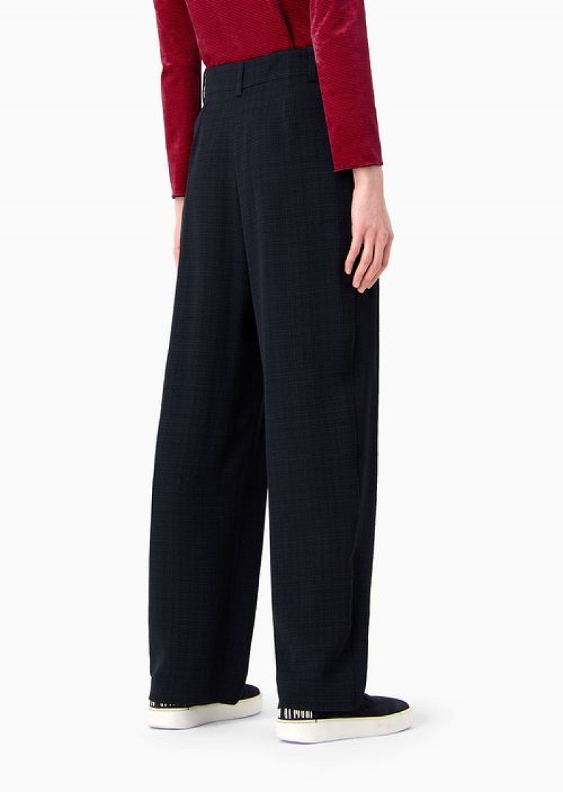 Navy Blue Emporio Armani Icon Trousers With Darts In A Micro-check Jacquard | EA-SN56837