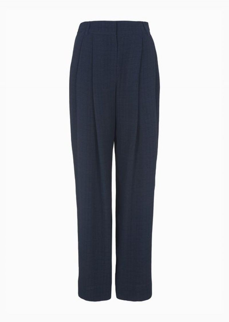 Navy Blue Emporio Armani Icon Trousers With Darts In A Micro-check Jacquard | EA-SN56837