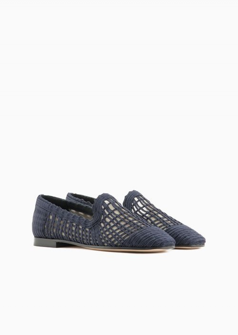 Navy Blue Emporio Armani Icon Woven Rayon Slippers | EA-SN57119