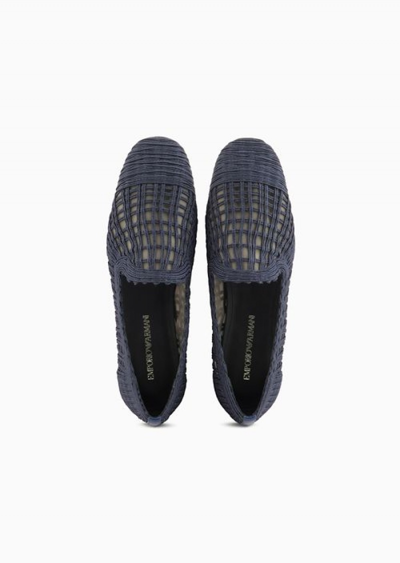 Navy Blue Emporio Armani Icon Woven Rayon Slippers | EA-SN57119