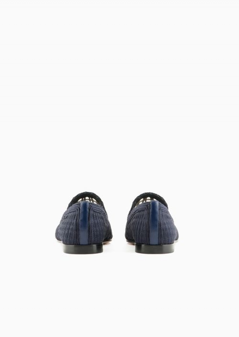 Navy Blue Emporio Armani Icon Woven Rayon Slippers | EA-SN57119