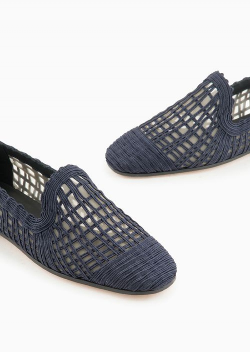 Navy Blue Emporio Armani Icon Woven Rayon Slippers | EA-SN57119