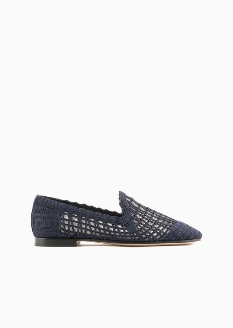 Navy Blue Emporio Armani Icon Woven Rayon Slippers | EA-SN57119