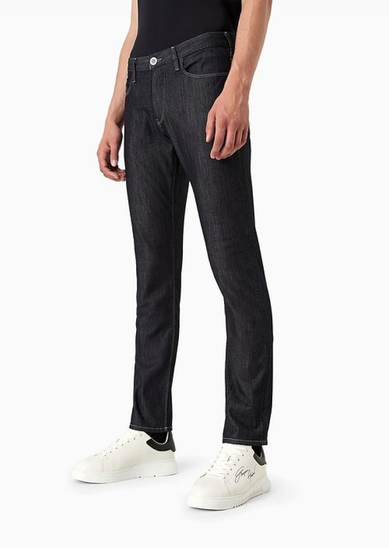 Navy Blue Emporio Armani J06 Worn-effect Wash, Slim-fit, 8 Oz Denim Jeans | EA-SN58016