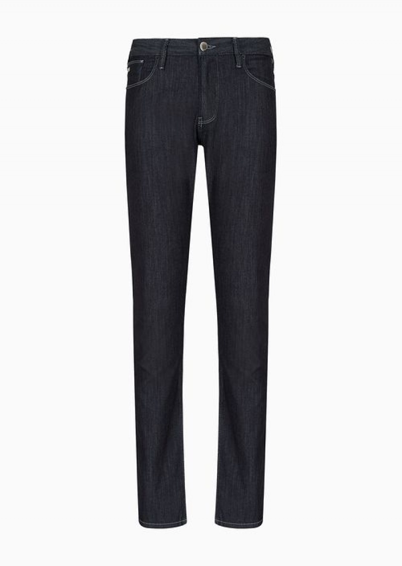 Navy Blue Emporio Armani J06 Worn-effect Wash, Slim-fit, 8 Oz Denim Jeans | EA-SN58016