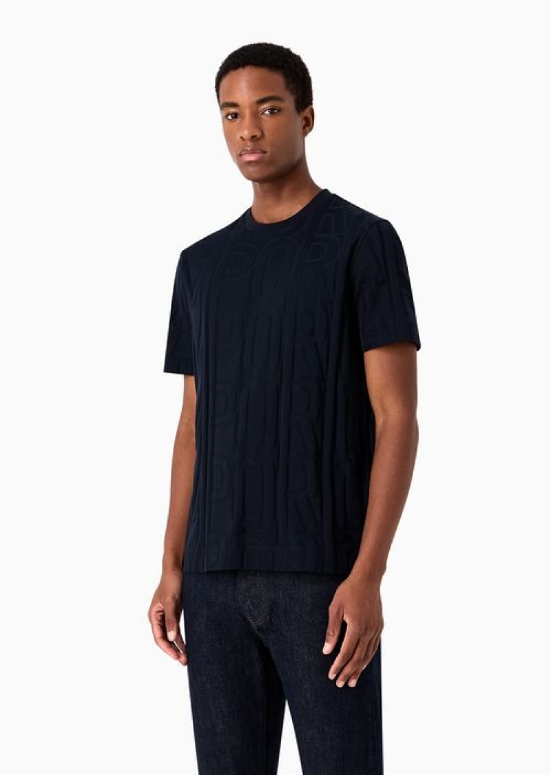 Navy Blue Emporio Armani Jacquard Jersey Jumper With Logo Lettering | EA-SN58614