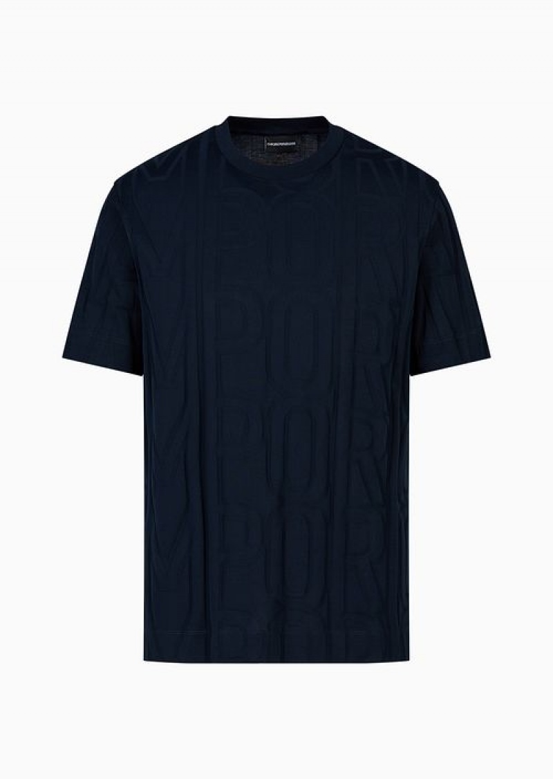 Navy Blue Emporio Armani Jacquard Jersey Jumper With Logo Lettering | EA-SN58614