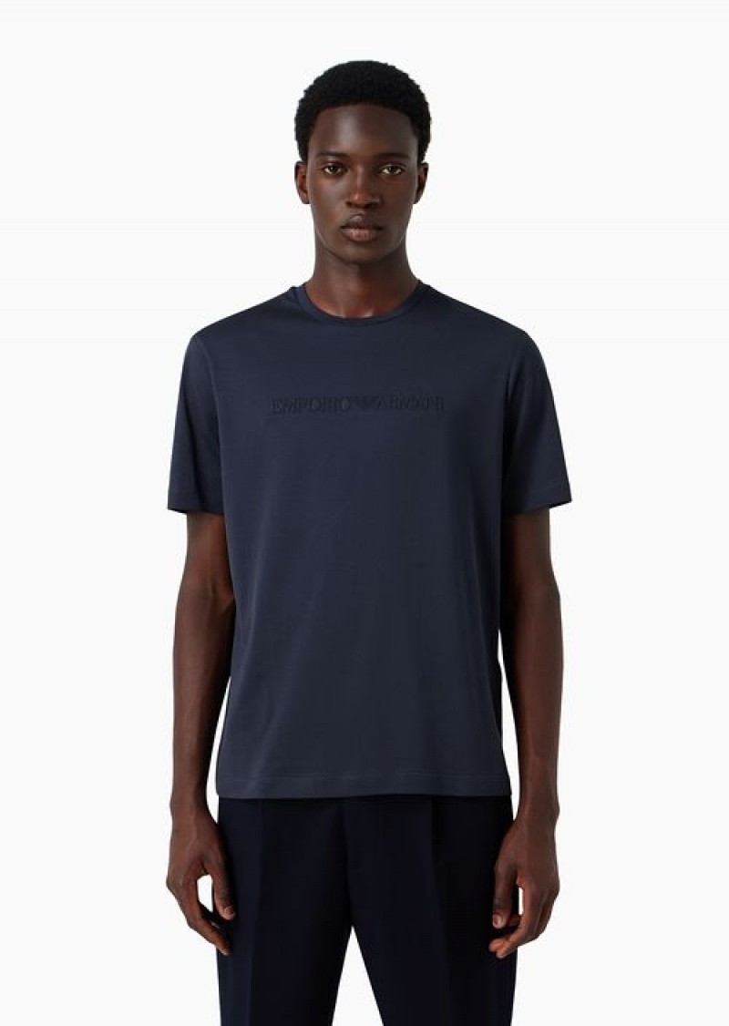 Navy Blue Emporio Armani Jersey T-shirt With Embossed Dome-effect Logo Embroidery | EA-SN58615