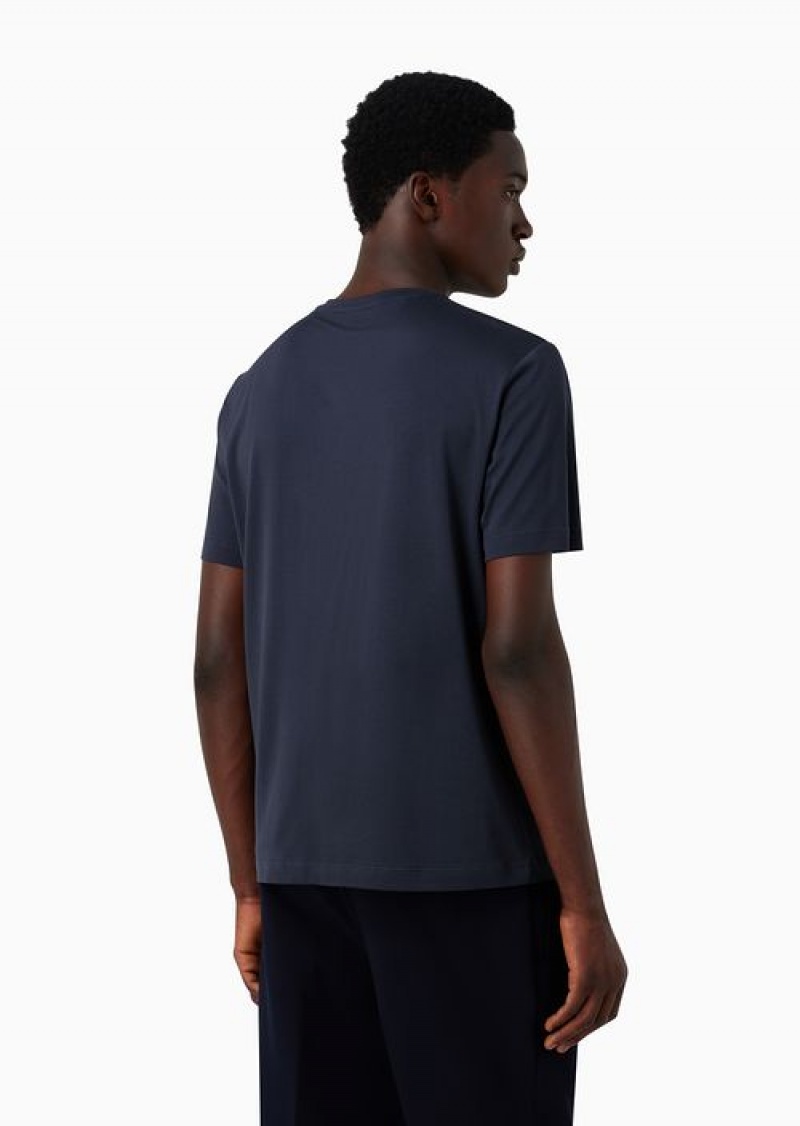 Navy Blue Emporio Armani Jersey T-shirt With Embossed Dome-effect Logo Embroidery | EA-SN58615