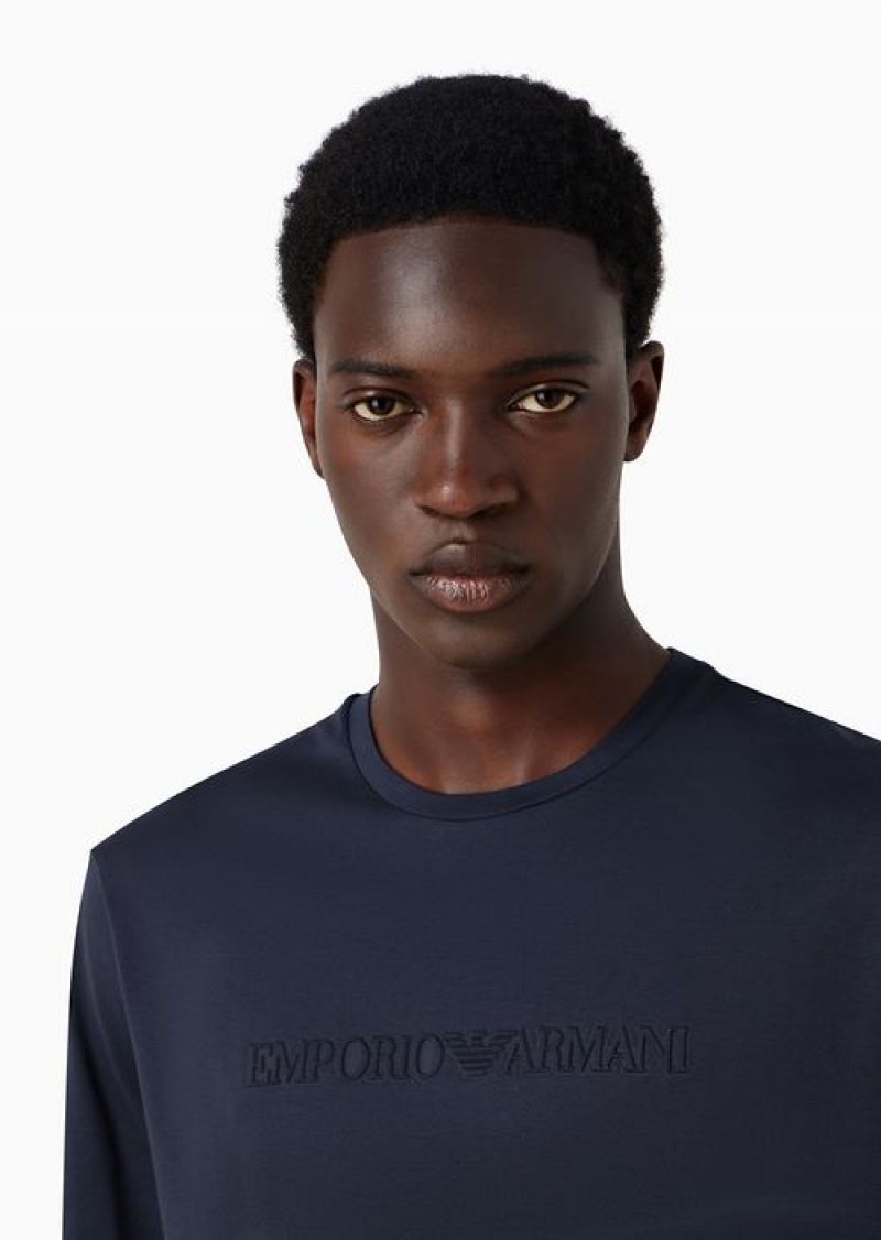 Navy Blue Emporio Armani Jersey T-shirt With Embossed Dome-effect Logo Embroidery | EA-SN58615