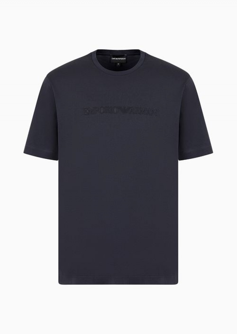 Navy Blue Emporio Armani Jersey T-shirt With Embossed Dome-effect Logo Embroidery | EA-SN58615