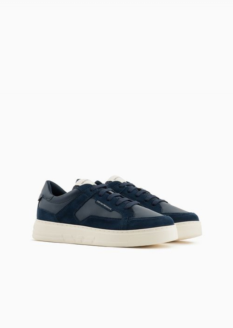 Navy Blue Emporio Armani Leather And Suede Sneakers | EA-SN58906