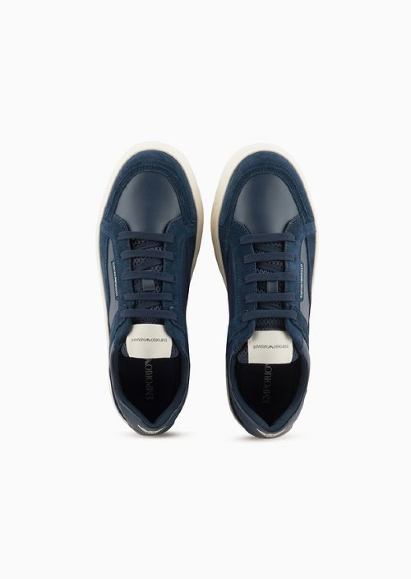 Navy Blue Emporio Armani Leather And Suede Sneakers | EA-SN58906