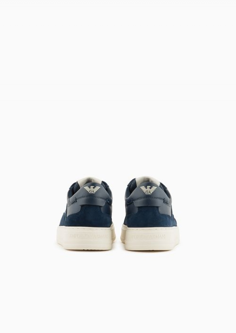 Navy Blue Emporio Armani Leather And Suede Sneakers | EA-SN58906