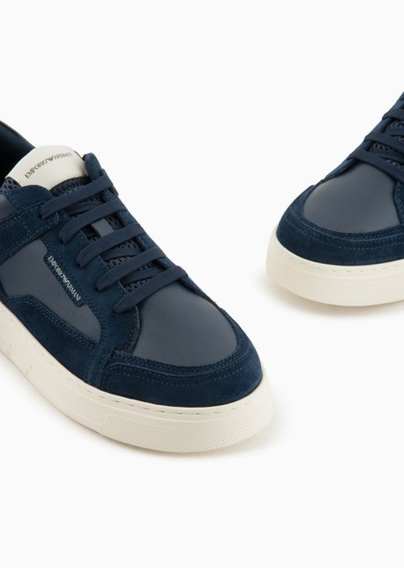 Navy Blue Emporio Armani Leather And Suede Sneakers | EA-SN58906