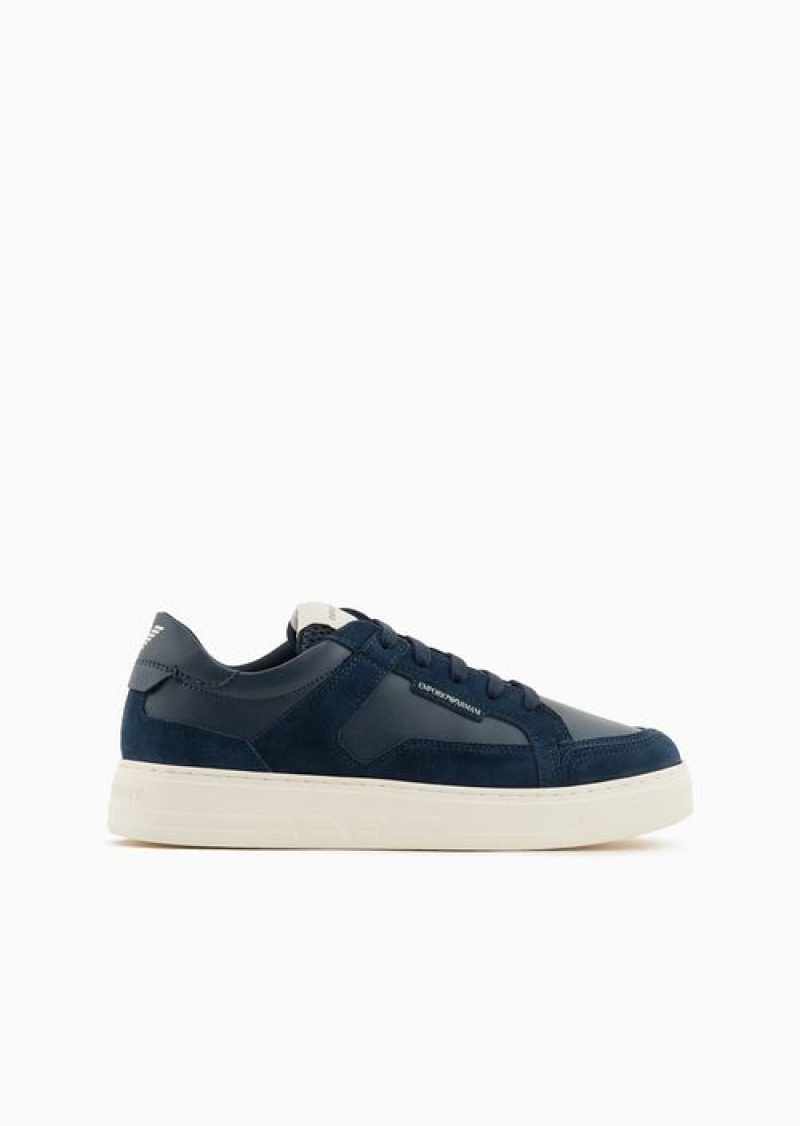 Navy Blue Emporio Armani Leather And Suede Sneakers | EA-SN58906