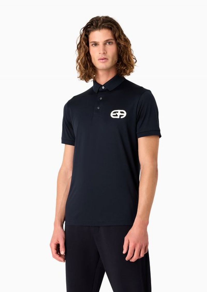 Navy Blue Emporio Armani Lyocell-blend Jersey Polo Shirt With Armani Sustainability Values Logo Raised Embroidery | EA-SN58444