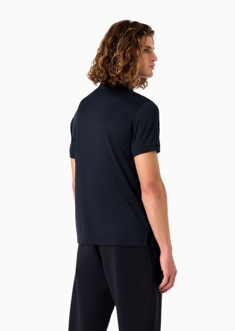 Navy Blue Emporio Armani Lyocell-blend Jersey Polo Shirt With Armani Sustainability Values Logo Raised Embroidery | EA-SN58444