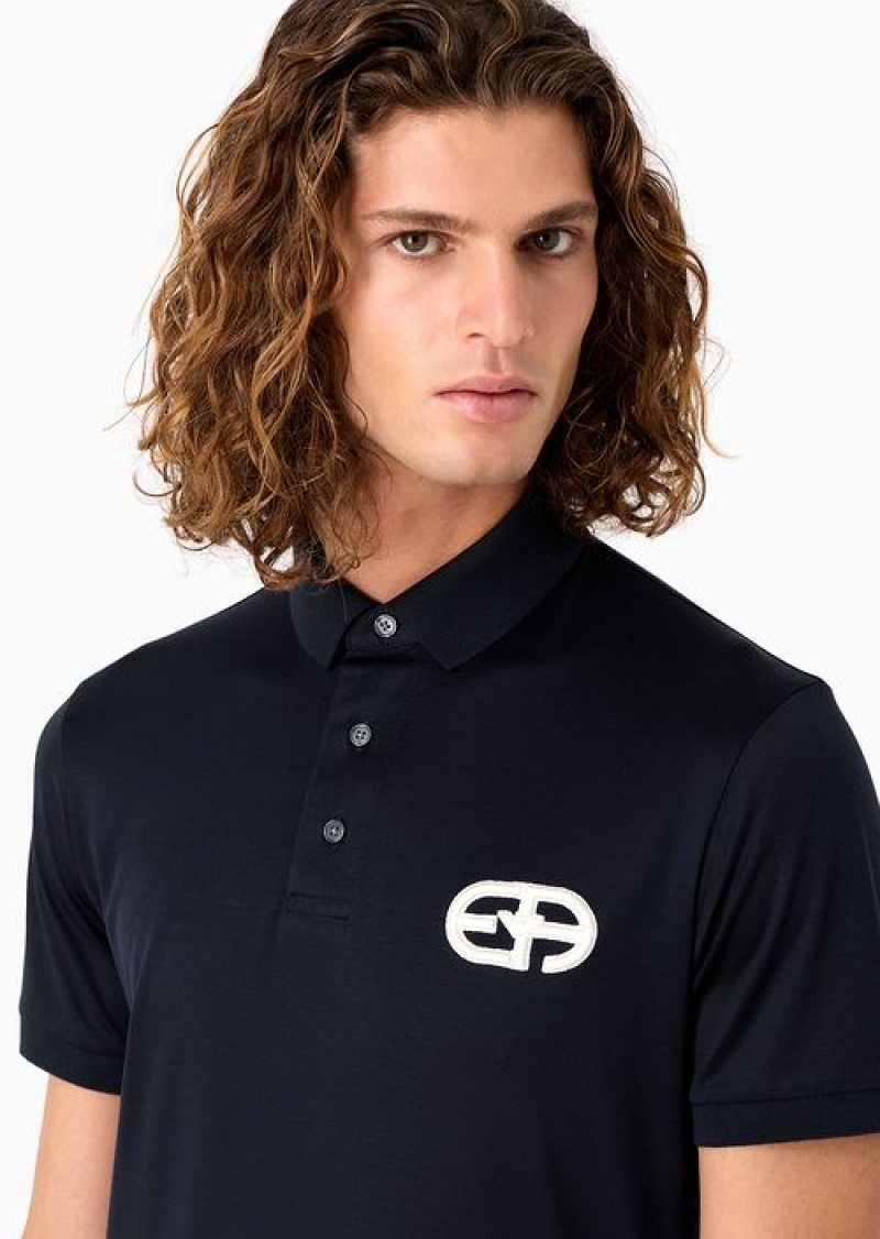 Navy Blue Emporio Armani Lyocell-blend Jersey Polo Shirt With Armani Sustainability Values Logo Raised Embroidery | EA-SN58444