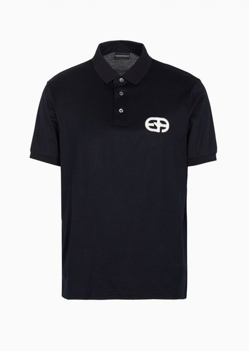 Navy Blue Emporio Armani Lyocell-blend Jersey Polo Shirt With Armani Sustainability Values Logo Raised Embroidery | EA-SN58444