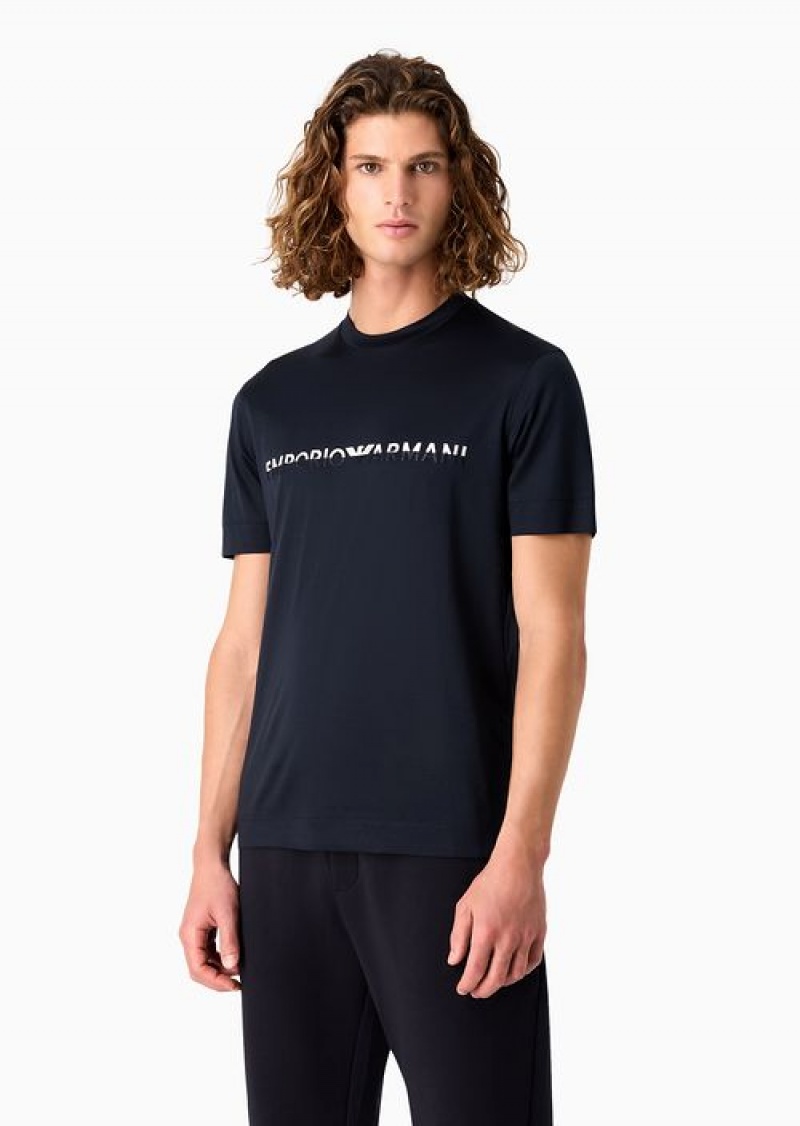 Navy Blue Emporio Armani Lyocell-blend Jersey T-shirt With Two-tone Embroidered Asv Logo | EA-SN58638