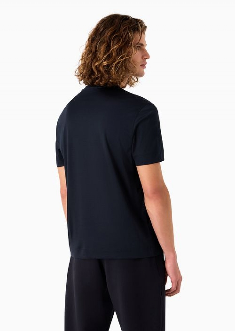 Navy Blue Emporio Armani Lyocell-blend Jersey T-shirt With Two-tone Embroidered Asv Logo | EA-SN58638