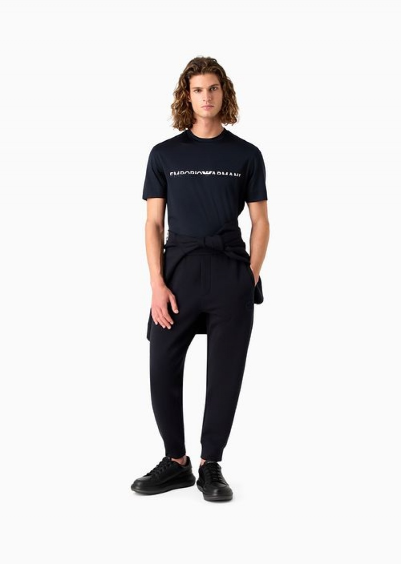 Navy Blue Emporio Armani Lyocell-blend Jersey T-shirt With Two-tone Embroidered Asv Logo | EA-SN58638