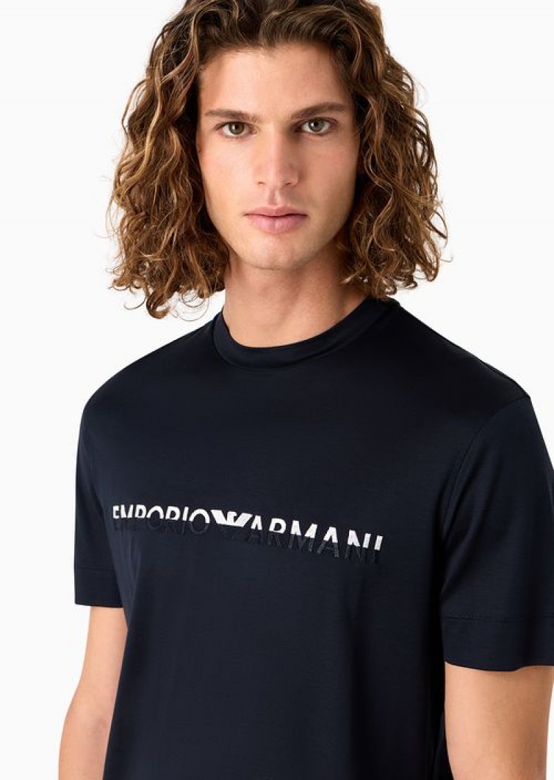 Navy Blue Emporio Armani Lyocell-blend Jersey T-shirt With Two-tone Embroidered Asv Logo | EA-SN58638