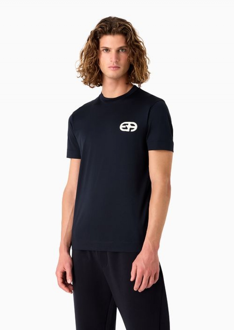 Navy Blue Emporio Armani Lyocell-blend Jersey T-shirt With Armani Sustainability Values Ea Logo Raised Embroidery | EA-SN58724