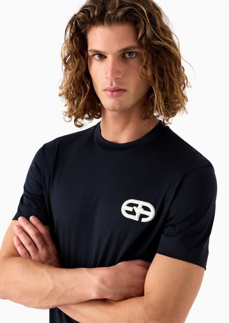 Navy Blue Emporio Armani Lyocell-blend Jersey T-shirt With Armani Sustainability Values Ea Logo Raised Embroidery | EA-SN58724