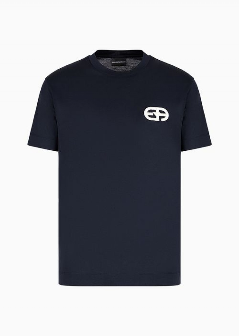 Navy Blue Emporio Armani Lyocell-blend Jersey T-shirt With Armani Sustainability Values Ea Logo Raised Embroidery | EA-SN58724