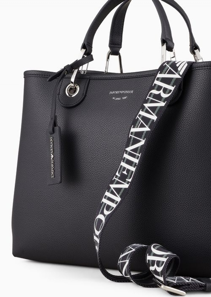 Navy Blue Emporio Armani Medium Myea Shopper Bag With Deer Print | EA-SN57309