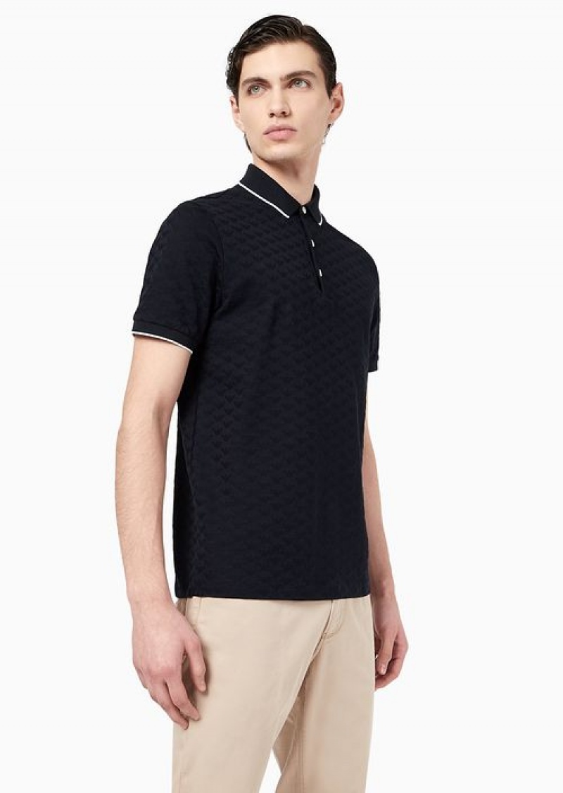 Navy Blue Emporio Armani Mercerised Jersey Polo Shirt With All-over Jacquard Eagle | EA-SN58454