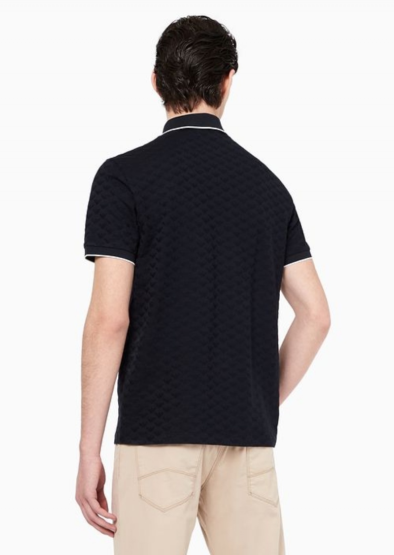 Navy Blue Emporio Armani Mercerised Jersey Polo Shirt With All-over Jacquard Eagle | EA-SN58454