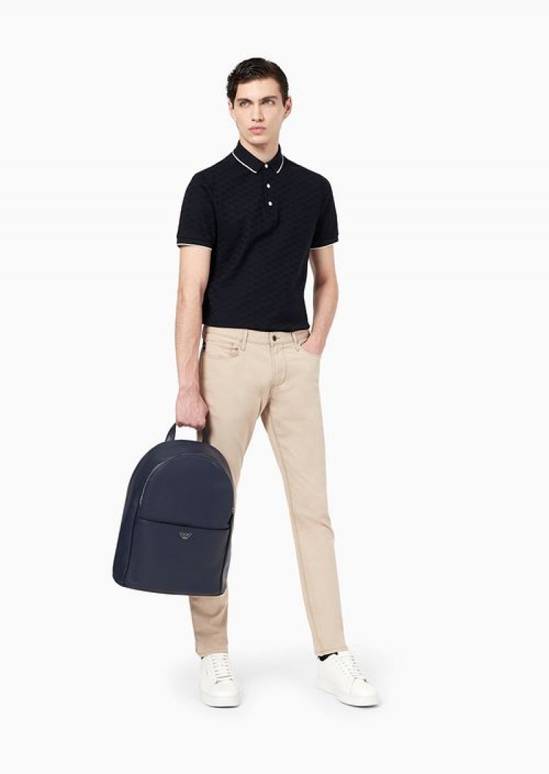 Navy Blue Emporio Armani Mercerised Jersey Polo Shirt With All-over Jacquard Eagle | EA-SN58454