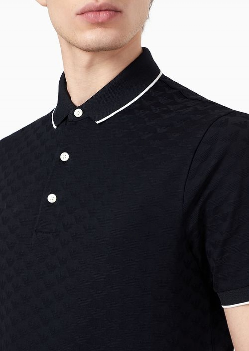 Navy Blue Emporio Armani Mercerised Jersey Polo Shirt With All-over Jacquard Eagle | EA-SN58454