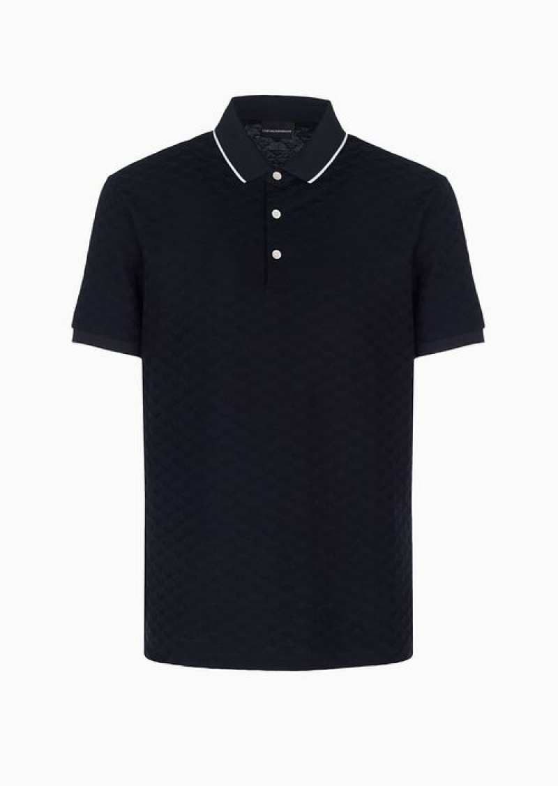 Navy Blue Emporio Armani Mercerised Jersey Polo Shirt With All-over Jacquard Eagle | EA-SN58454