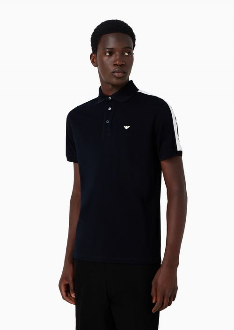 Navy Blue Emporio Armani Mercerised Piqué Polo Shirt With Micro Eagle Embroidery And Jacquard Stripes On The Shoulder | EA-SN58422