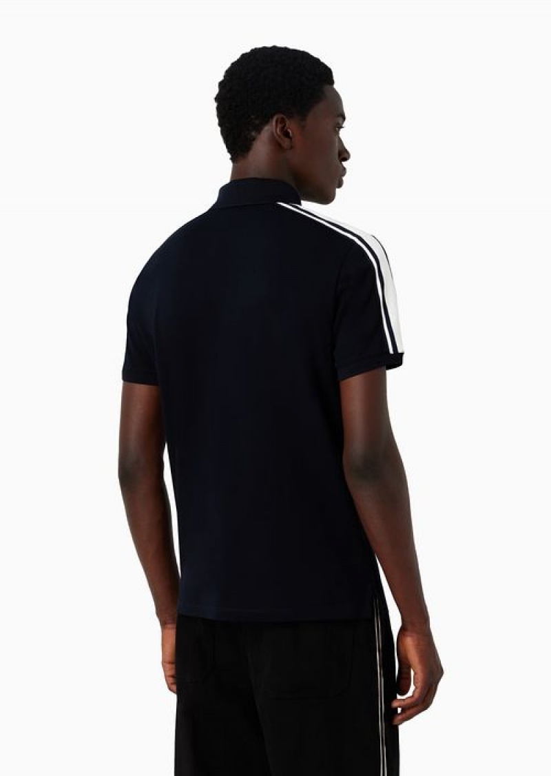 Navy Blue Emporio Armani Mercerised Piqué Polo Shirt With Micro Eagle Embroidery And Jacquard Stripes On The Shoulder | EA-SN58422