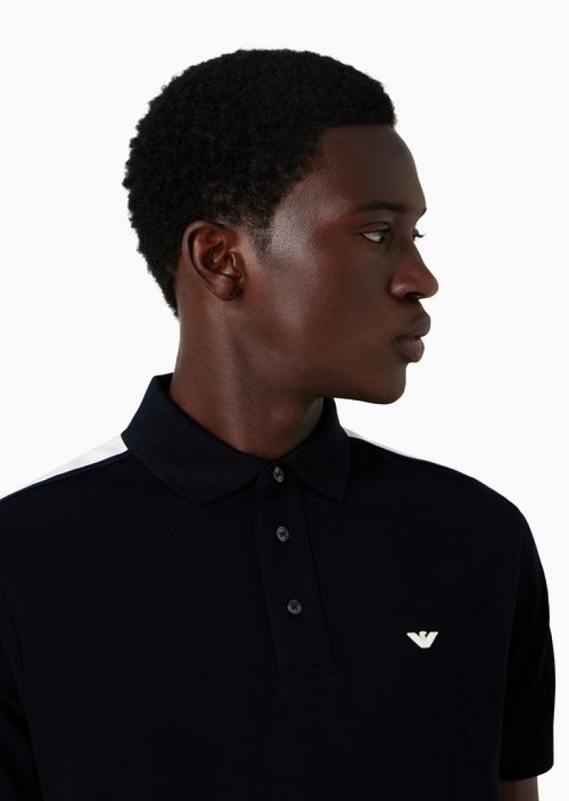 Navy Blue Emporio Armani Mercerised Piqué Polo Shirt With Micro Eagle Embroidery And Jacquard Stripes On The Shoulder | EA-SN58422