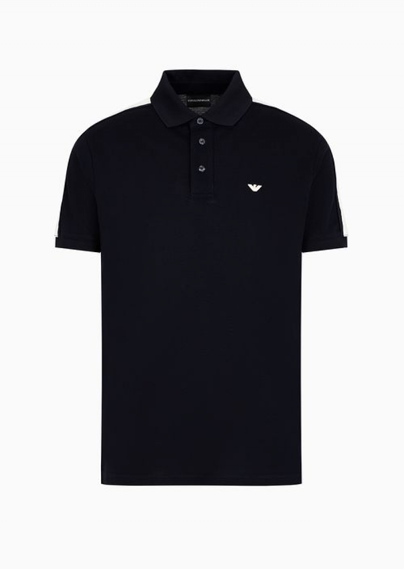 Navy Blue Emporio Armani Mercerised Piqué Polo Shirt With Micro Eagle Embroidery And Jacquard Stripes On The Shoulder | EA-SN58422