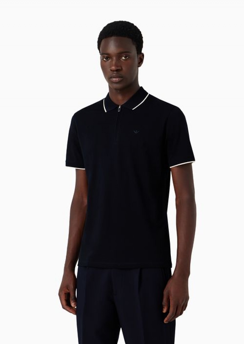 Navy Blue Emporio Armani Mercerised Piqué Polo Shirt With Zip And Micro Eagle Embroidery | EA-SN58433