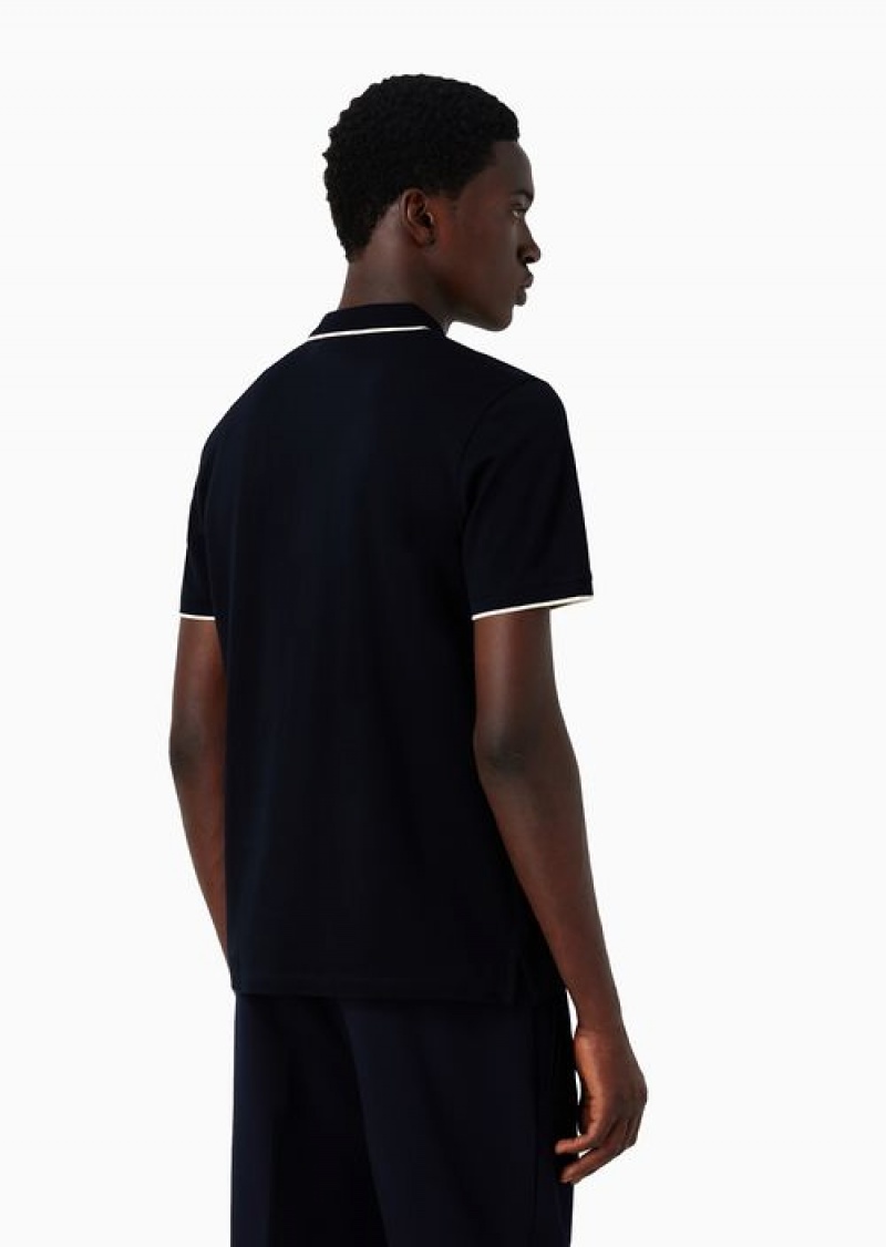 Navy Blue Emporio Armani Mercerised Piqué Polo Shirt With Zip And Micro Eagle Embroidery | EA-SN58433