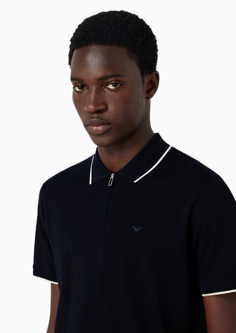 Navy Blue Emporio Armani Mercerised Piqué Polo Shirt With Zip And Micro Eagle Embroidery | EA-SN58433