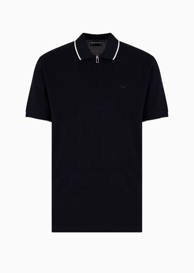 Navy Blue Emporio Armani Mercerised Piqué Polo Shirt With Zip And Micro Eagle Embroidery | EA-SN58433