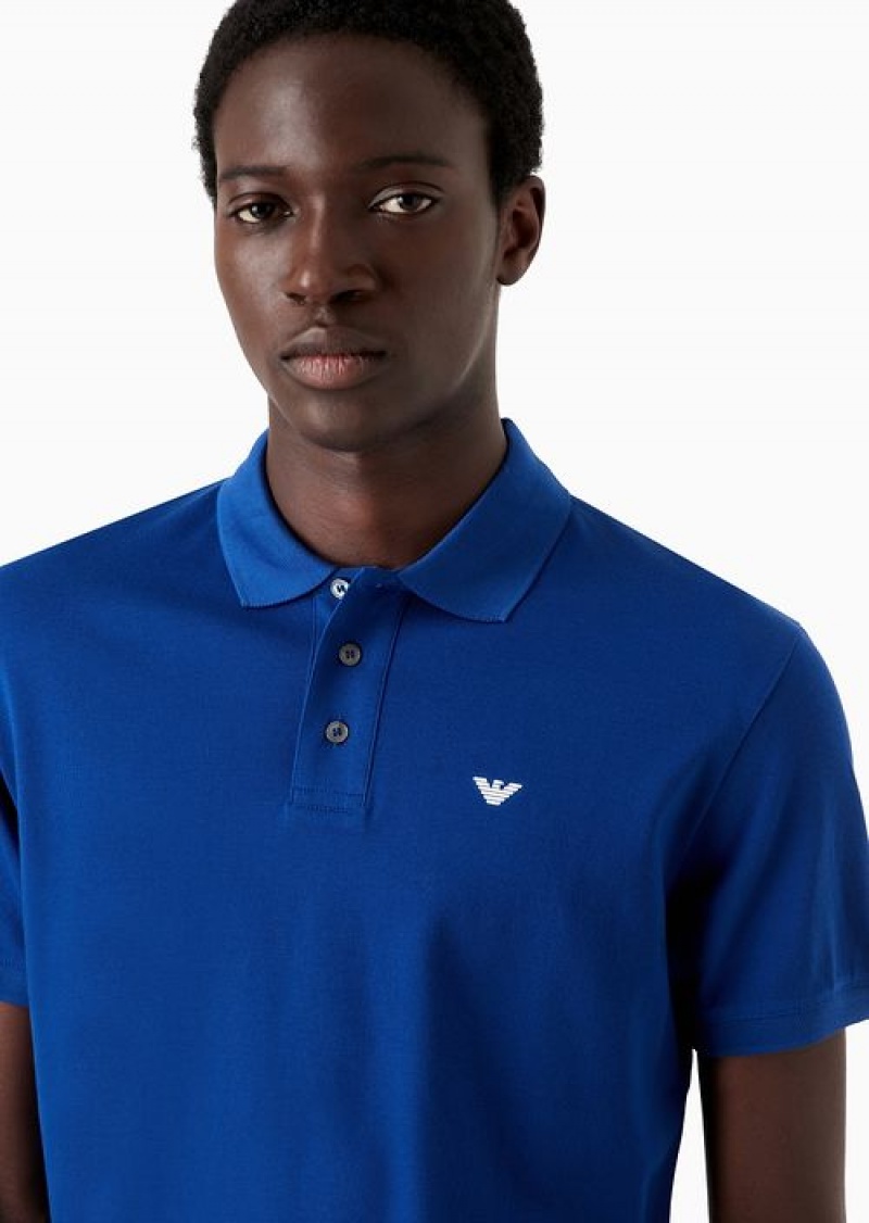 Navy Blue Emporio Armani Mercerised Piqué Polo Shirt With Micro Eagle | EA-SN58453