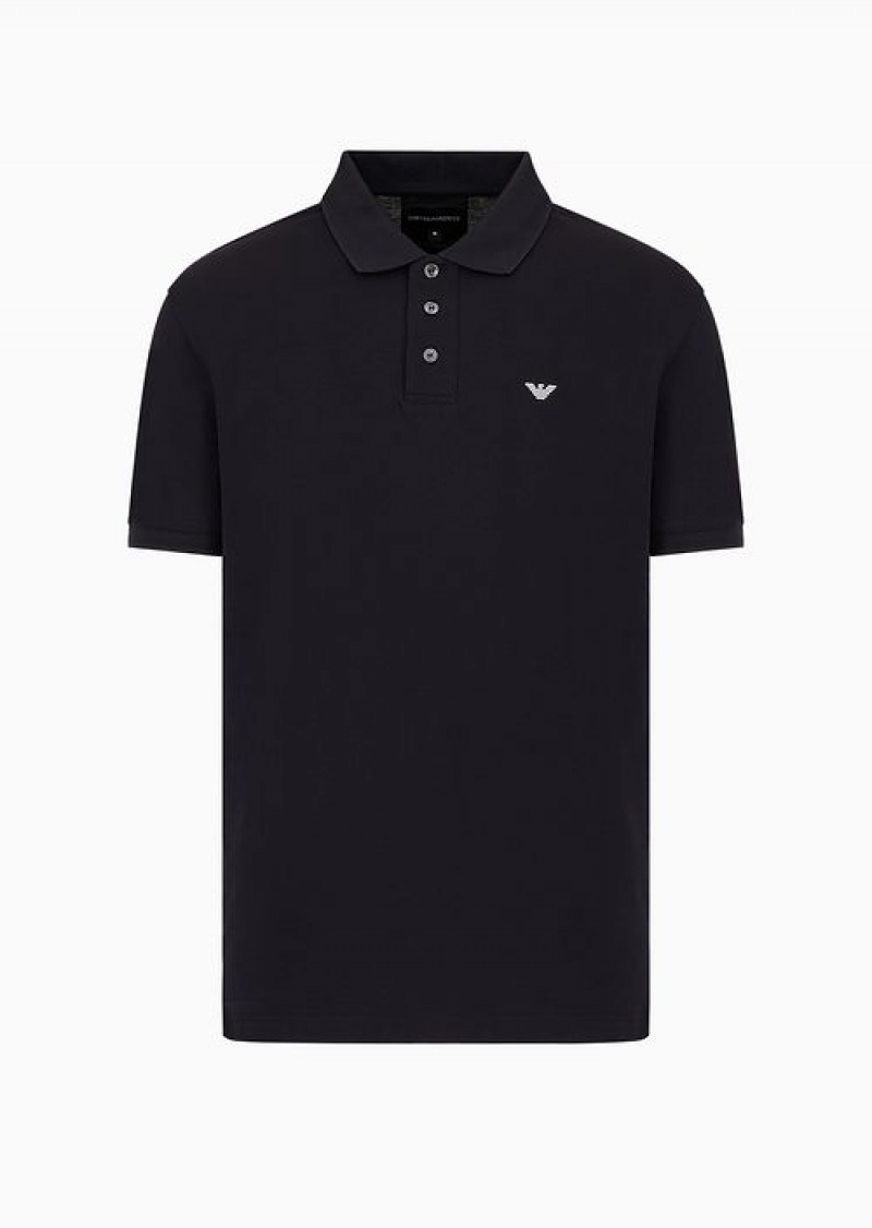 Navy Blue Emporio Armani Mercerised Piqué Polo Shirt With Micro Eagle | EA-SN58453