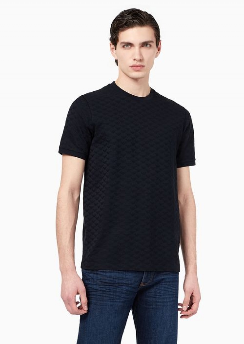 Navy Blue Emporio Armani Mercerised-jersey T-shirt With All-over Jacquard Eagle | EA-SN58673