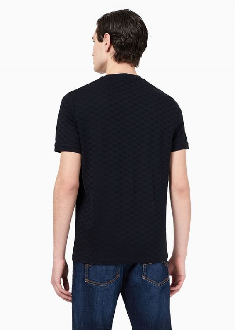 Navy Blue Emporio Armani Mercerised-jersey T-shirt With All-over Jacquard Eagle | EA-SN58673