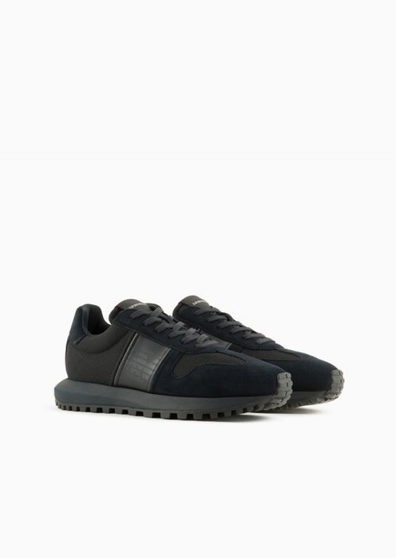 Navy Blue Emporio Armani Mesh Sneakers With Suede Details | EA-SN58911